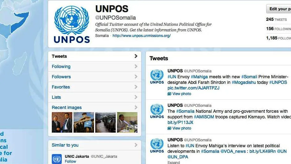 "@UNPOSomalia @UN @UN_DPA Ambassador Mahiga should be congratulated for making this possible, he worked tirelessly for a better change," tweeted by Harbi Kullane @Xarbi in Mogadishu, an example of interaction on the UNPOS Twitter account.