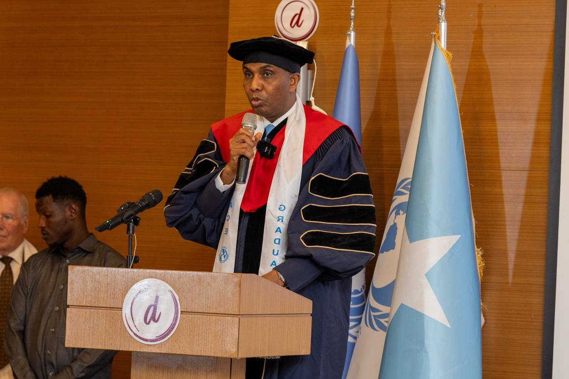 Somalia’s Prime Minister Hamza Abdi Barre, speaks at the University for Peace’s fourth graduation ceremony held in Mogadishu, Somalia, on 24 January 2025.